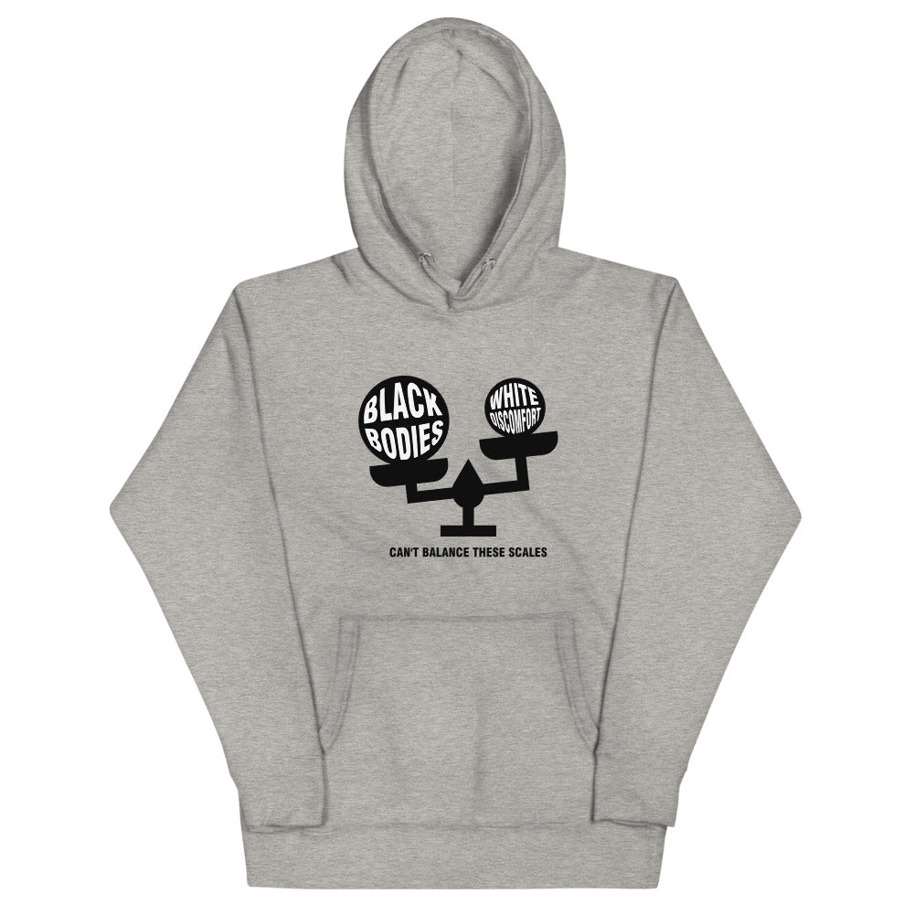 "Can't Balance These Scales" Unisex Hoodie White Text on Black Image