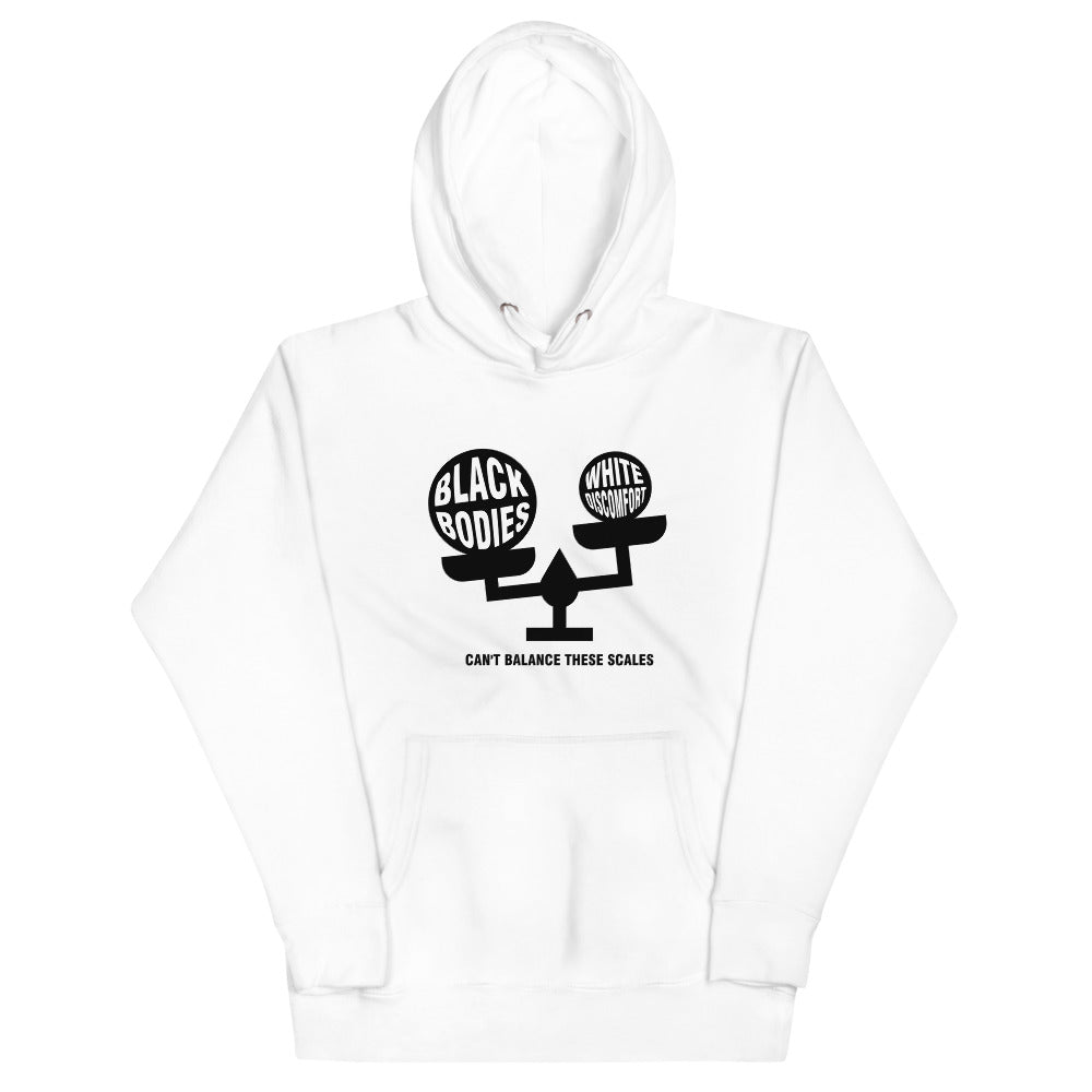 "Can't Balance These Scales" Unisex Hoodie White Text on Black Image